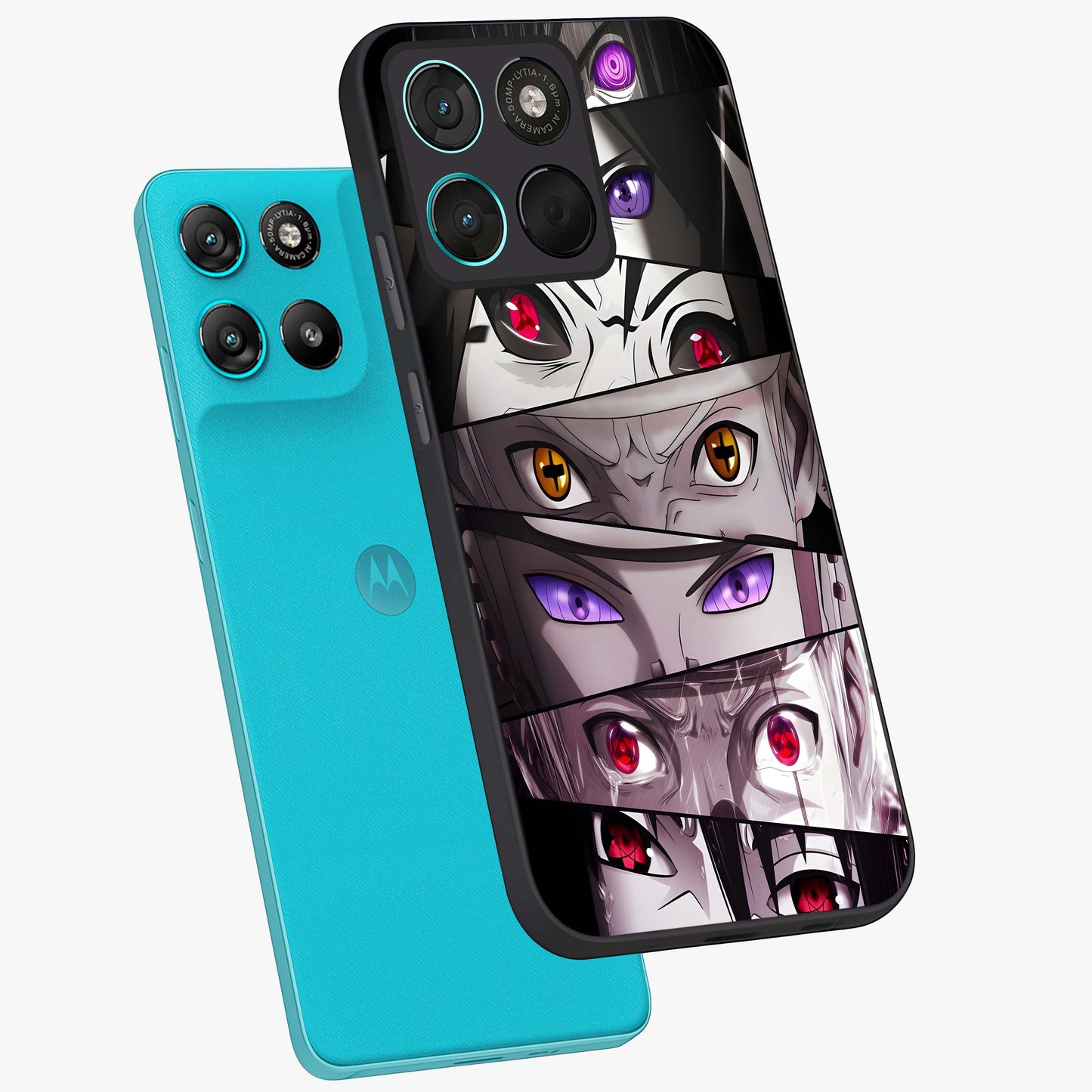 Eyes of Destiny Glass Case displayed in angled mockup highlighting bold eye illustration with mystical aesthetic style.