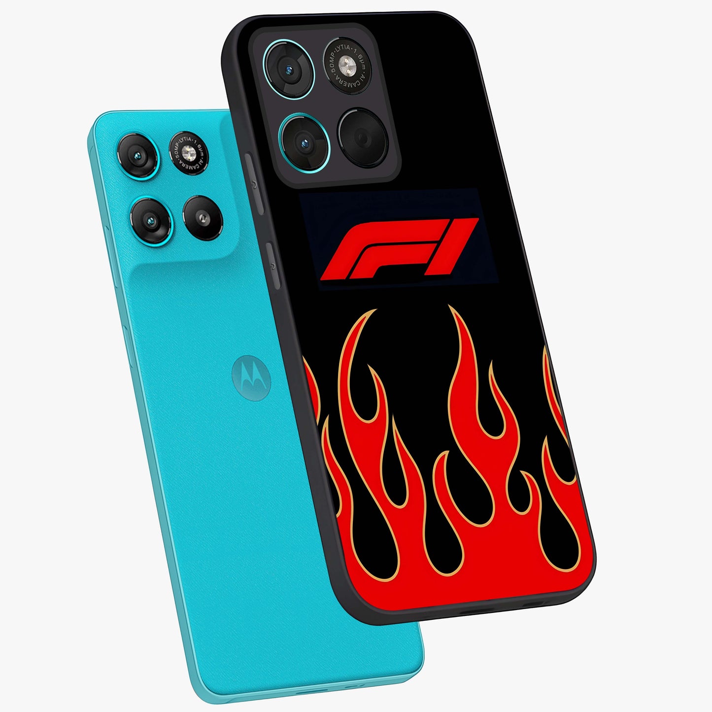 Fire F11 Glass Case displayed in angled mockup highlighting bold fire inspired graphic with energetic aesthetic style.
