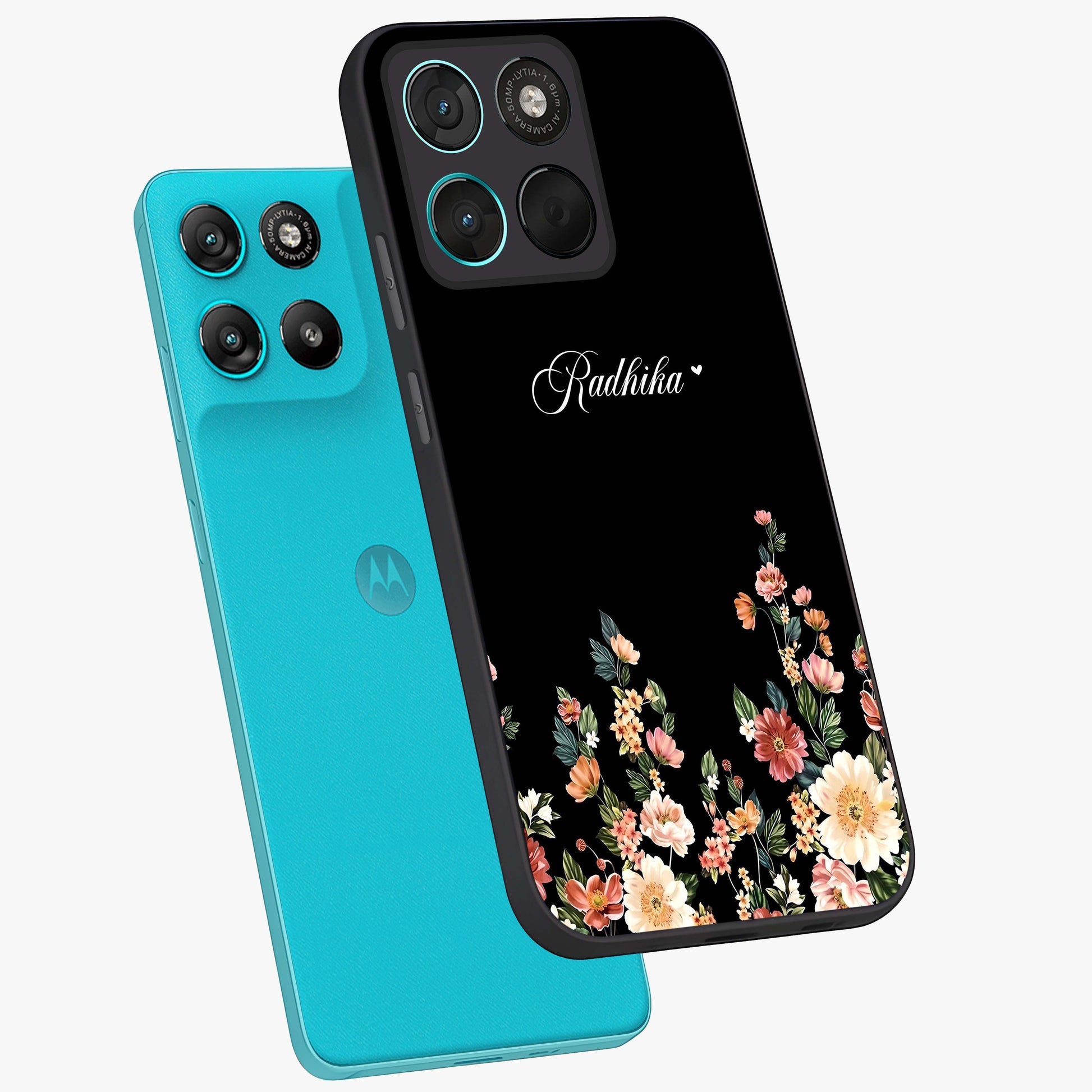 Floral Design With a Custom Personalized Name Glass Case displayed in angled mockup highlighting elegant floral pattern with custom name feature.