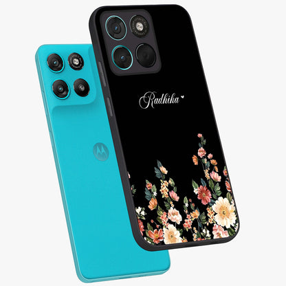 Floral Design With a Custom Personalized Name Glass Case displayed in angled mockup highlighting elegant floral pattern with custom name feature.