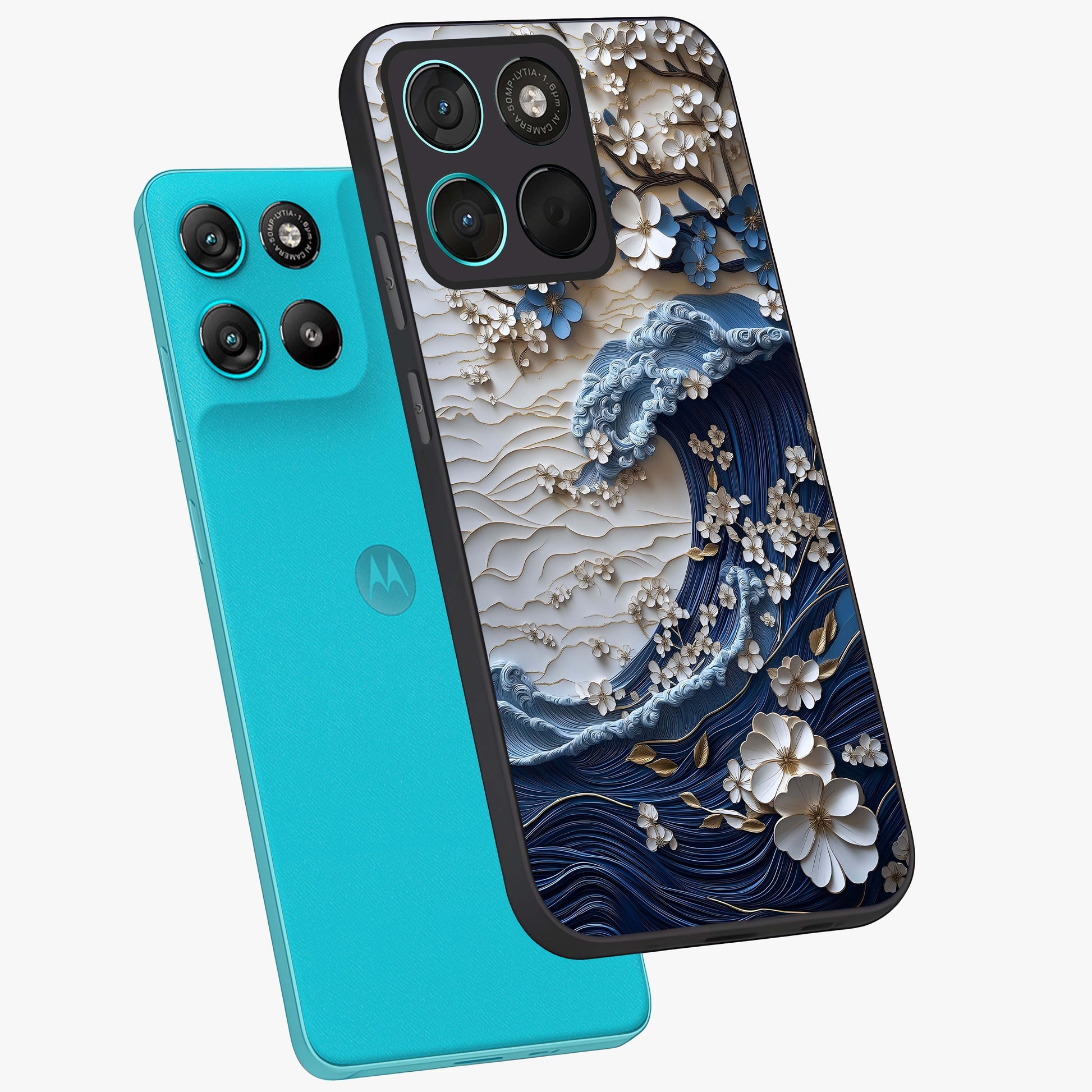 Floral Wave Origami Glass Case displayed in angled mockup highlighting geometric origami flower design with modern aesthetic style.