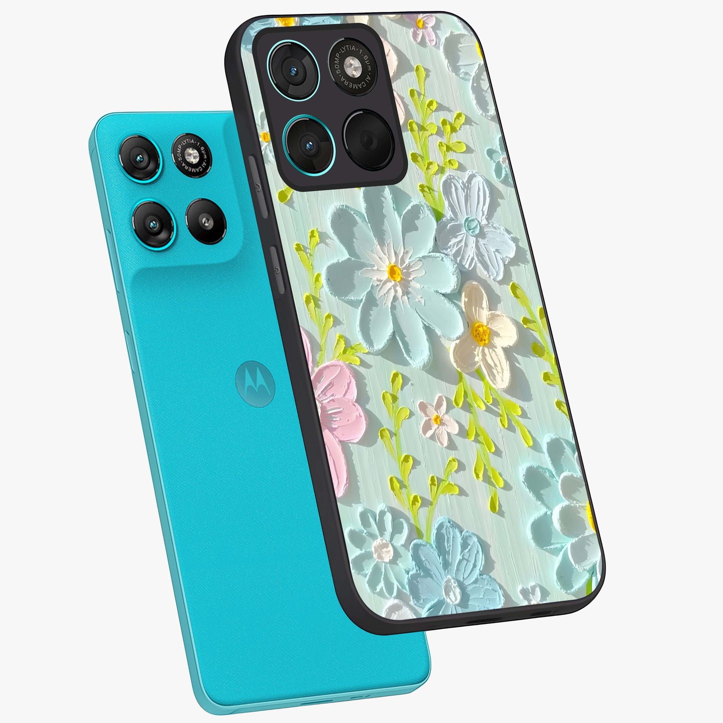 Frosted Petal Garden Glass Case displayed in angled mockup highlighting delicate flower petal design with calm garden aesthetic.