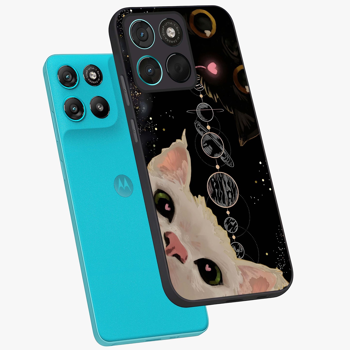 Galactic Cat Glass Case displayed in angled mockup highlighting celestial feline illustration with galaxy aesthetic style.