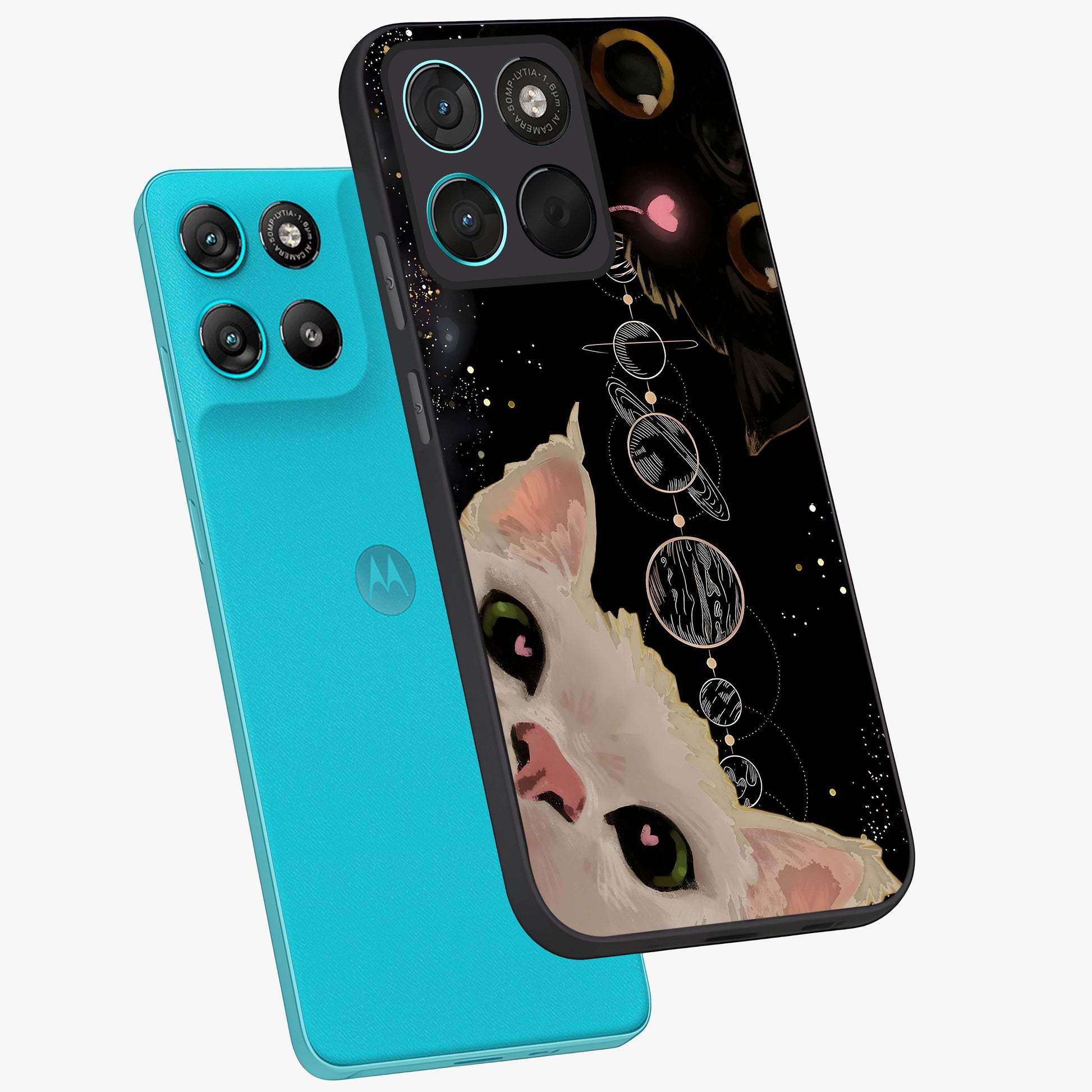 Galactic Cat Glass Case displayed in angled mockup highlighting celestial feline illustration with galaxy aesthetic style.