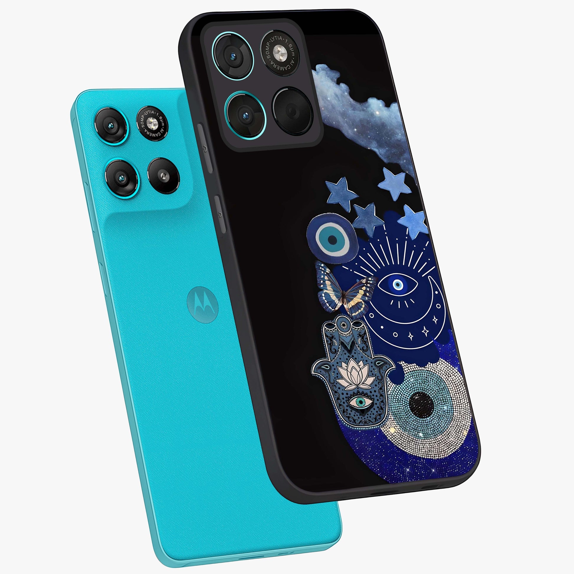 Galactic Charm Cluster Glass Case displayed in angled mockup highlighting luminous galaxy inspired design with dreamy aesthetic.