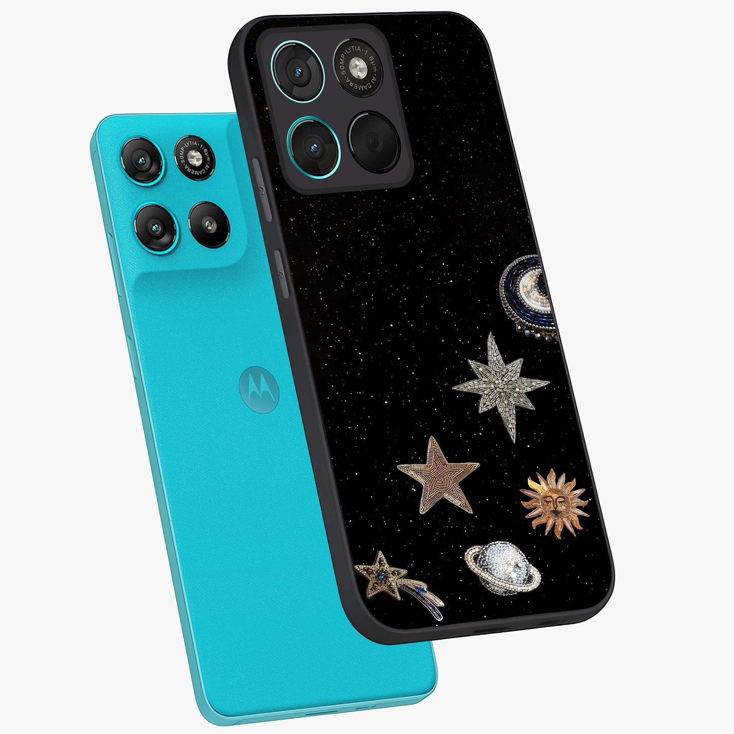 Galactic Charm Glow Glass Case displayed in angled mockup highlighting luminous galaxy inspired design with dreamy aesthetic.