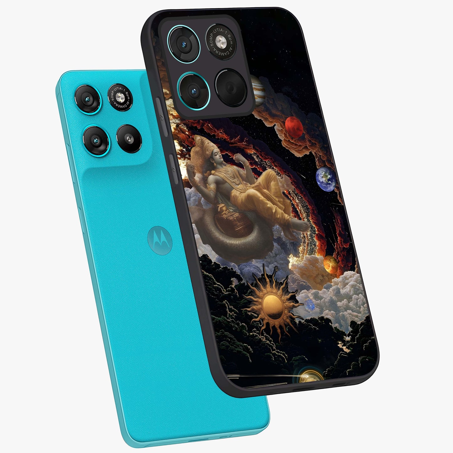 Galactic Divine God Glass Case displayed in angled mockup highlighting powerful celestial deity illustration with galactic aesthetic.