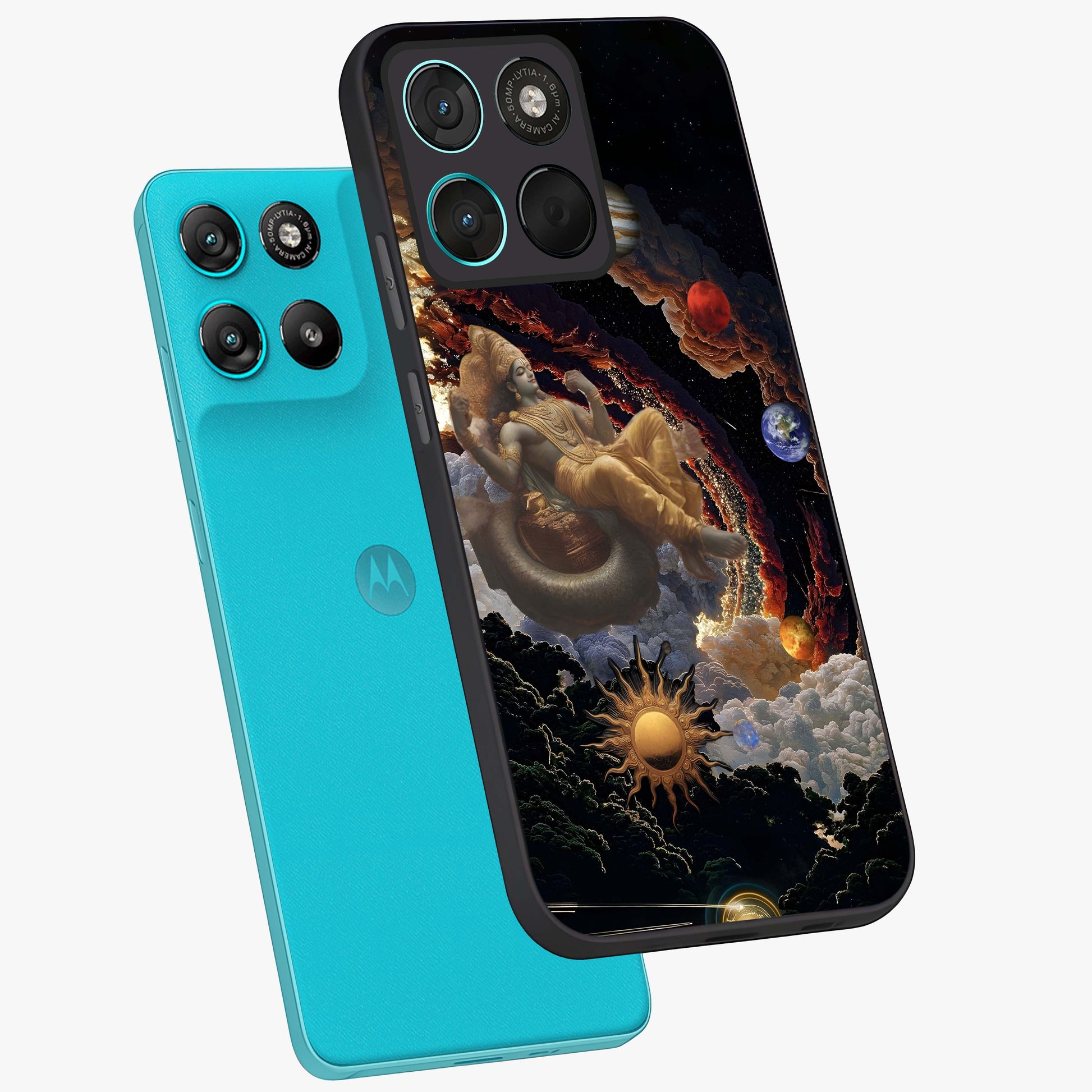 Galactic Divine God Glass Case displayed in angled mockup highlighting powerful celestial deity illustration with galactic aesthetic.