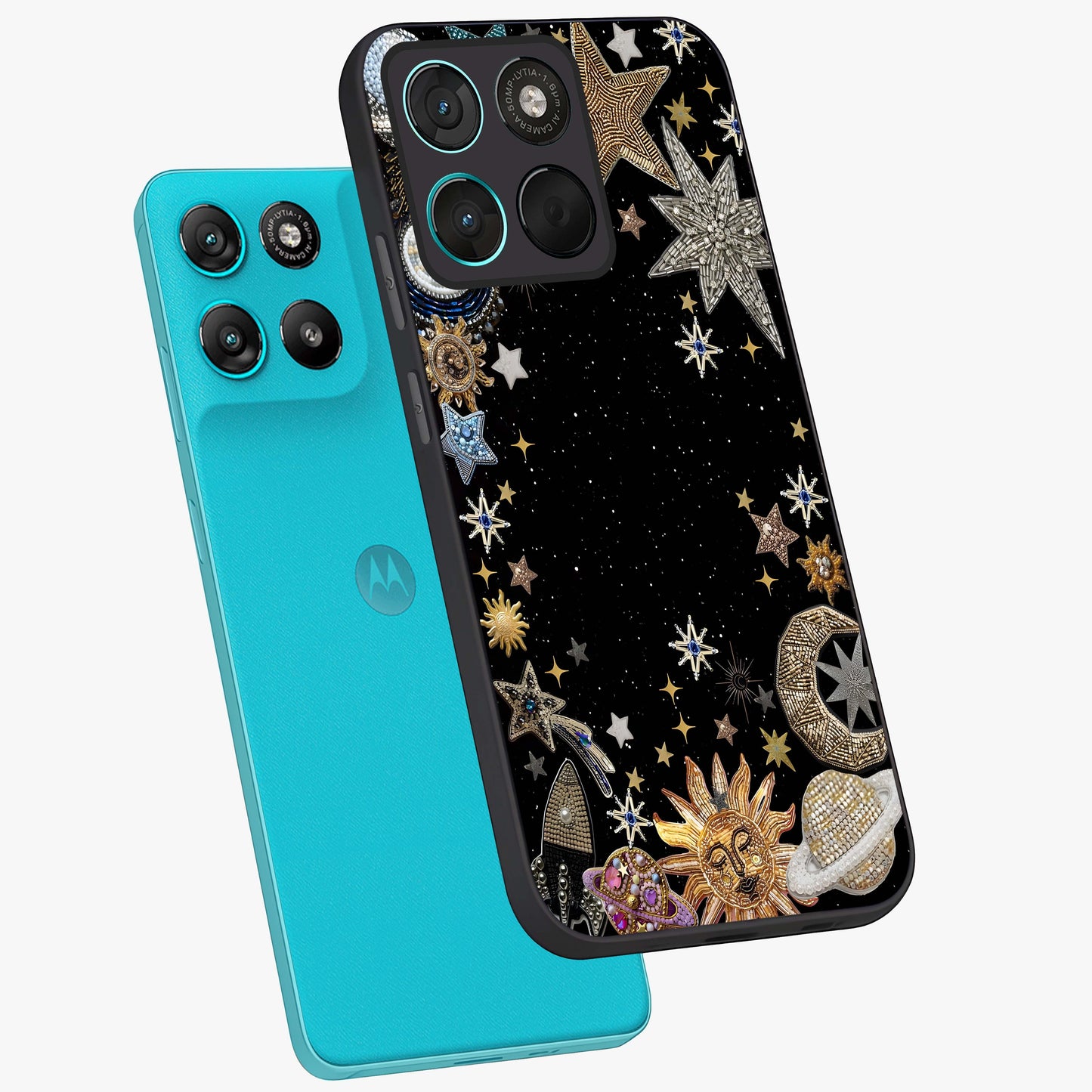 Galactic Jewel Stars Glass Case displayed in angled mockup highlighting shining celestial star design with cosmic aesthetic style.
