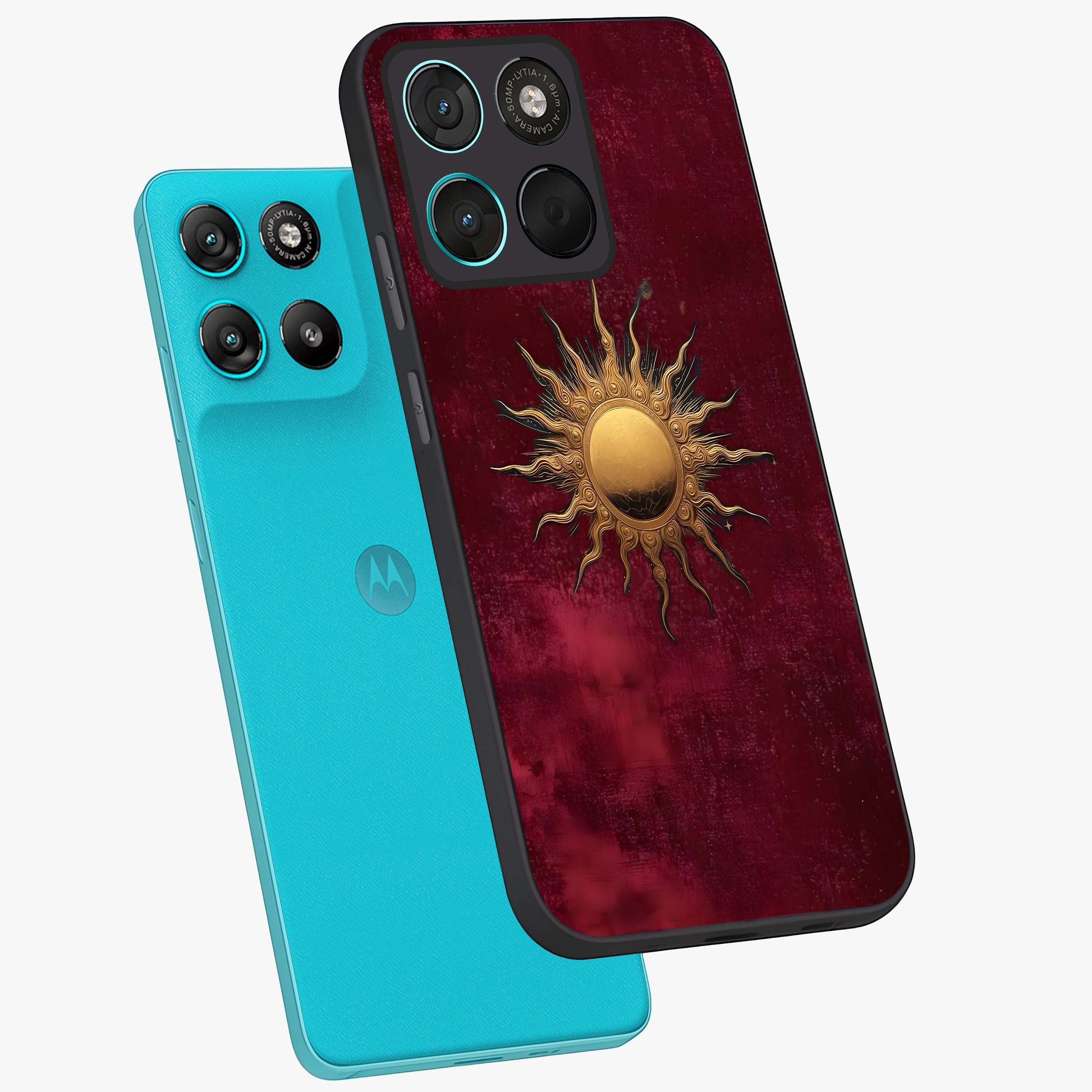 Golden Sun Minimalism Glass Case displayed in angled mockup highlighting clean sun symbol design with modern minimal aesthetic.