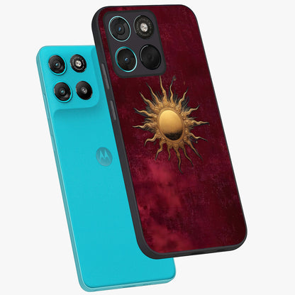 Golden Sun Minimalism Glass Case displayed in angled mockup highlighting clean sun symbol design with modern minimal aesthetic.
