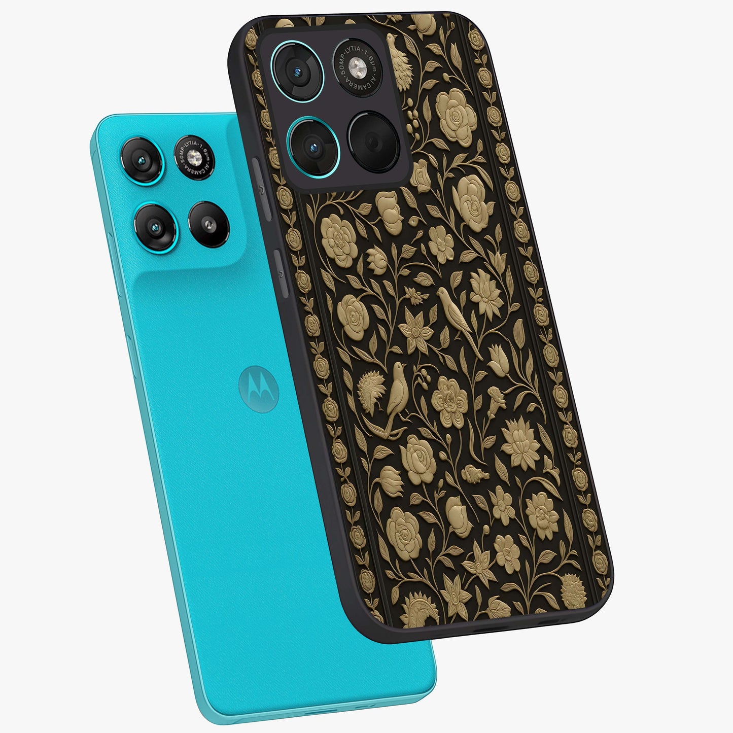Golden Evil Eye Mandala Glass Case displayed in angled mockup highlighting protective evil eye symbol with golden mandala design.