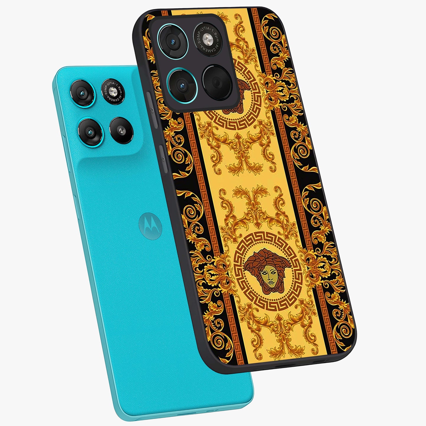Golden Lotus Glow Glass Case displayed in angled mockup highlighting radiant lotus illustration with spiritual aesthetic.