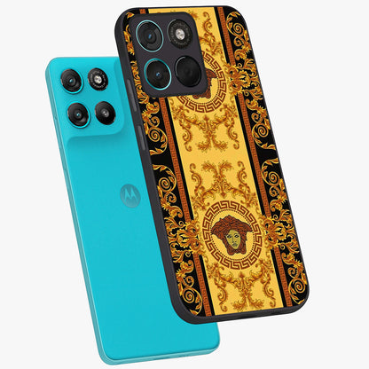 Golden Lotus Glow Glass Case displayed in angled mockup highlighting radiant lotus illustration with spiritual aesthetic.