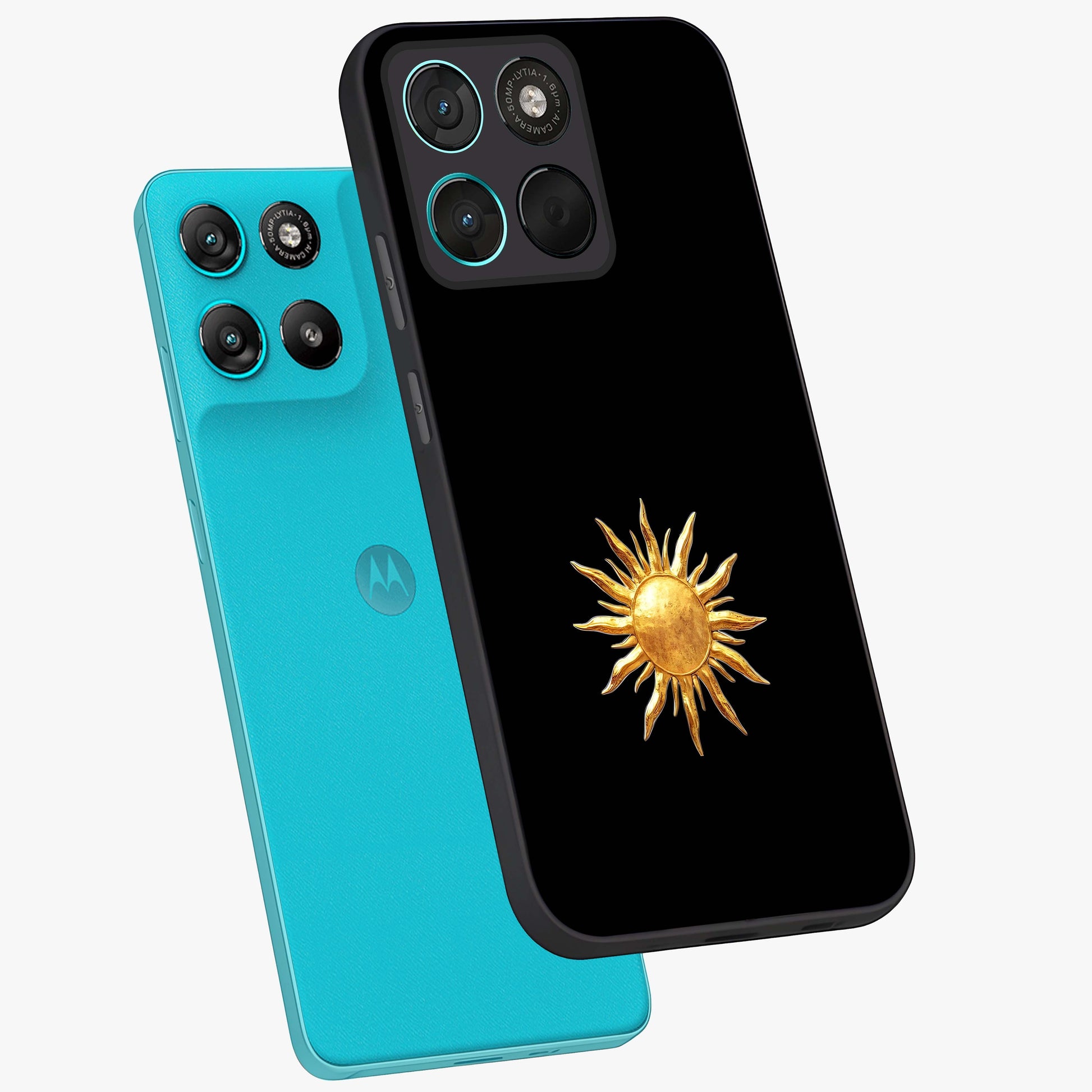 Golden Sun Minimalism Glass Case displayed in angled mockup highlighting eerie shadow illustration with gothic aesthetic.