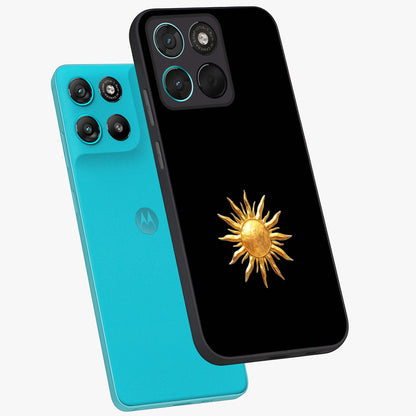 Golden Sun Minimalism Glass Case displayed in angled mockup highlighting eerie shadow illustration with gothic aesthetic.