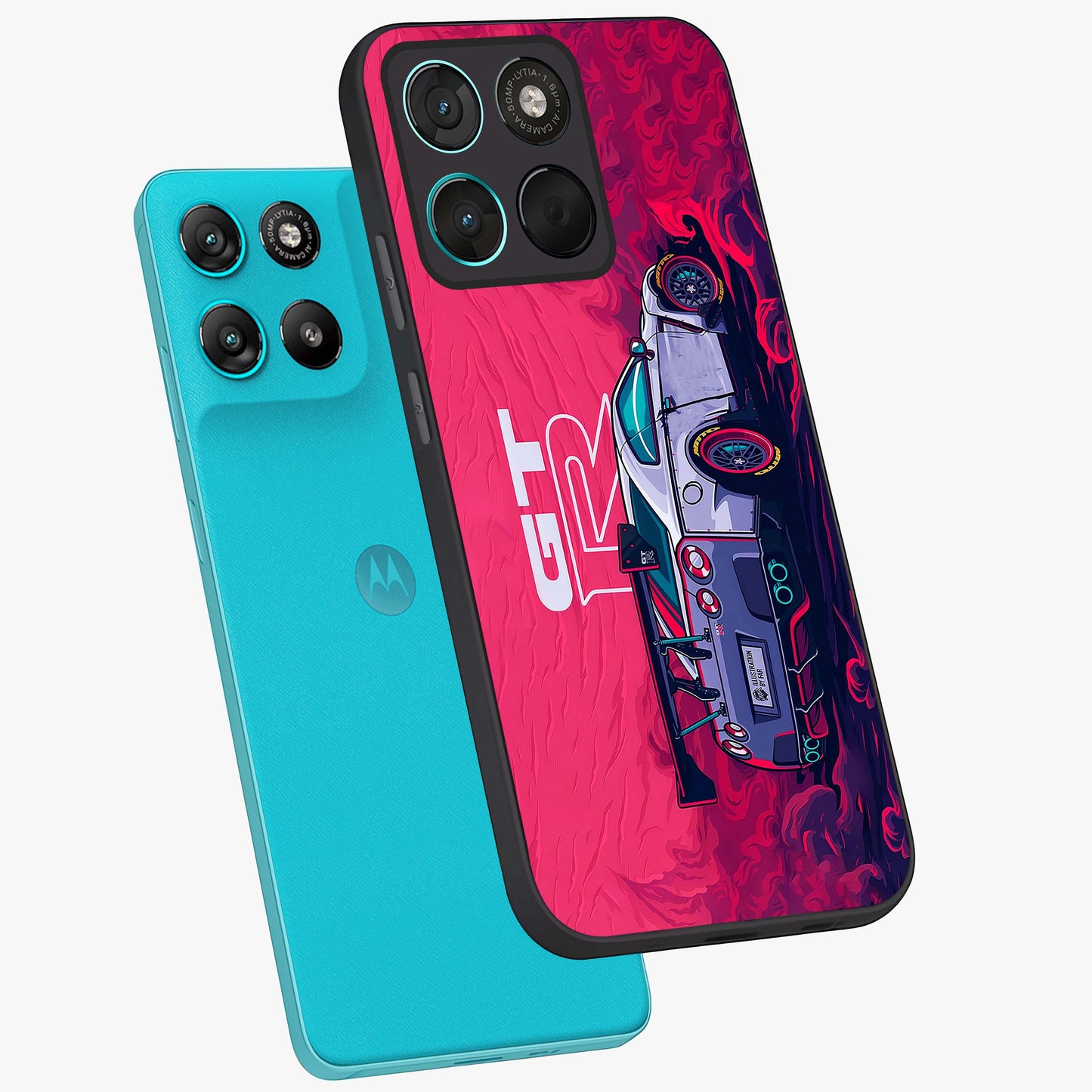 GT-R Car Pattern Glass Case displayed in angled mockup highlighting racing car graphic design with bold automotive aesthetic.