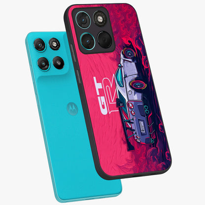 GT-R Car Pattern Glass Case displayed in angled mockup highlighting racing car graphic design with bold automotive aesthetic.