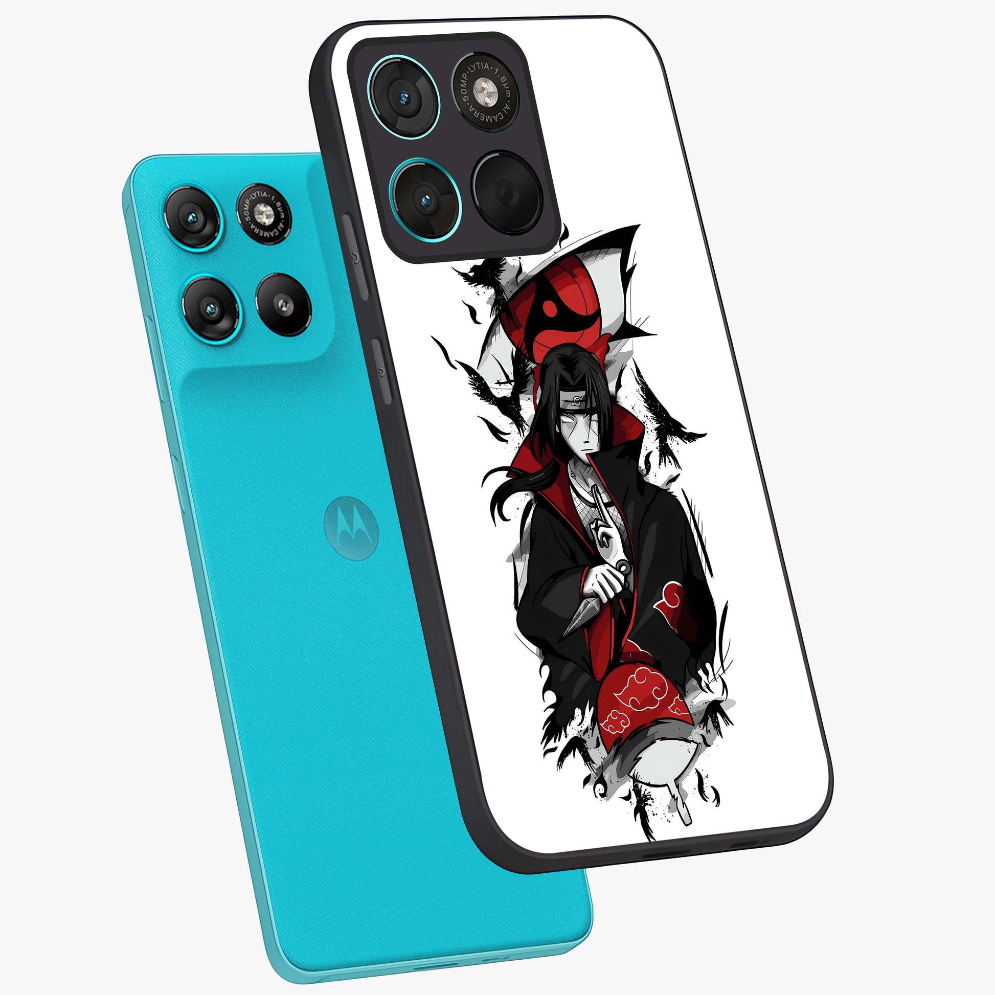 Itachi Limited Edition Naruto Anime Glass Case displayed in angled mockup highlighting dramatic anime illustration with bold action aesthetic.