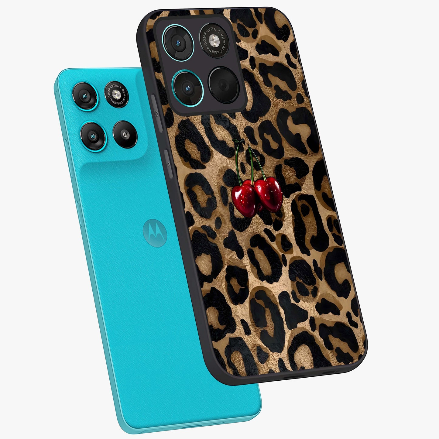 Leopard Wild Cherry Glass Case displayed in angled mockup highlighting bold animal print design with playful cherry aesthetic.