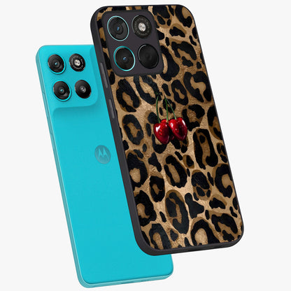 Leopard Wild Cherry Glass Case displayed in angled mockup highlighting bold animal print design with playful cherry aesthetic.