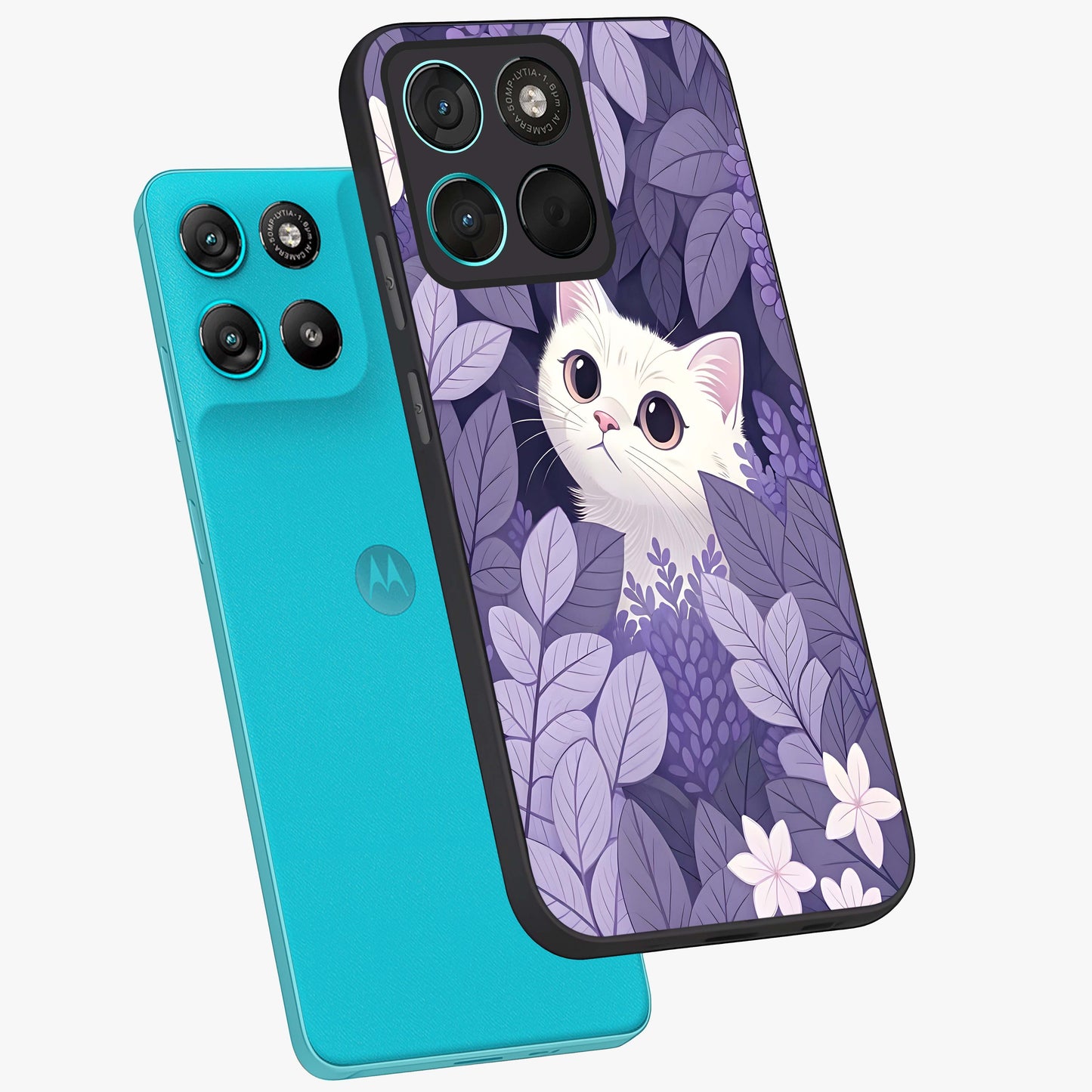 Lilac Hide Peek Cat Glass Case displayed in angled mockup highlighting playful feline illustration with lilac aesthetic design.