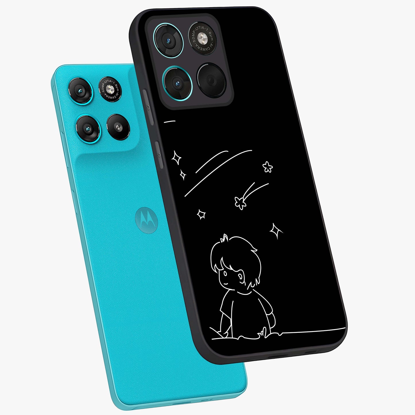 Line Art Boy With Shooting Stars Glass Case displayed in angled mockup highlighting elegant line art design with dreamy star aesthetic.