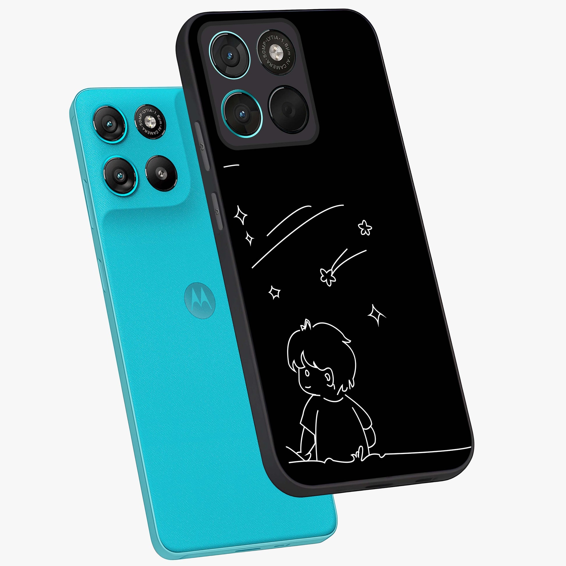 Line Art Boy With Shooting Stars Glass Case displayed in angled mockup highlighting elegant line art design with dreamy star aesthetic.