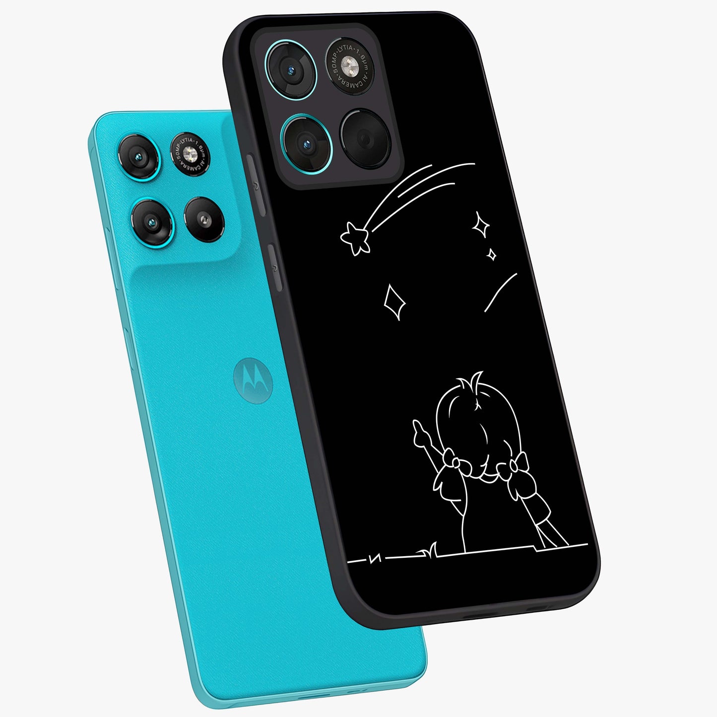Line Art Girl With Shooting Stars Glass Case displayed in angled mockup highlighting elegant line art design with dreamy star aesthetic.