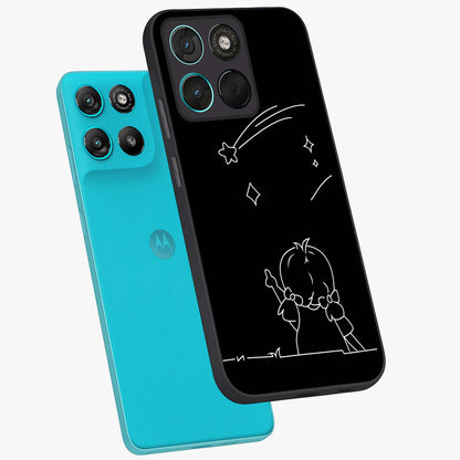 Line Art Girl With Shooting Stars Glass Case displayed in angled mockup highlighting elegant line art design with dreamy star aesthetic.