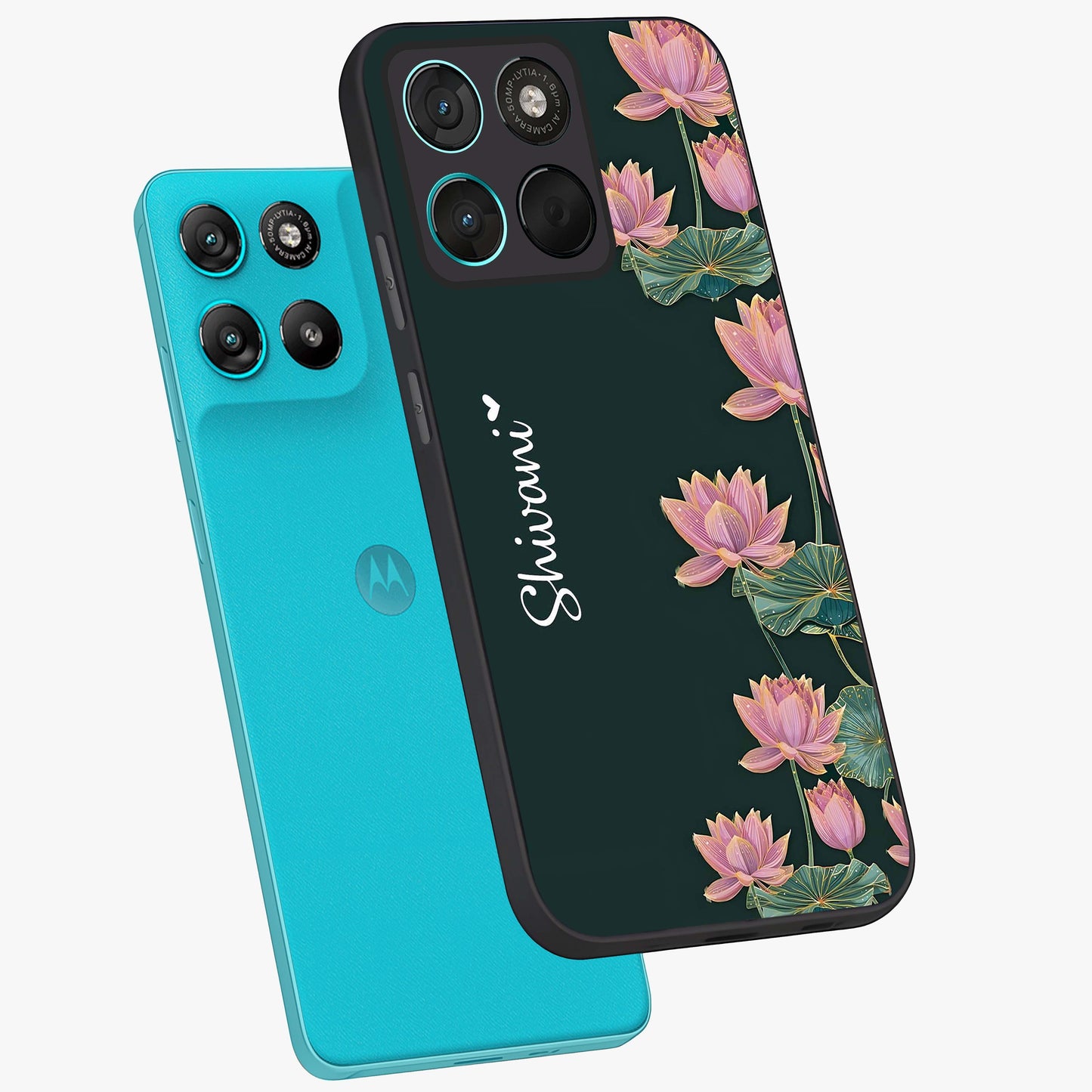 Lotus Bloom Serenity Custom Name Glass Case displayed in angled mockup highlighting graceful lotus illustration with custom name feature.