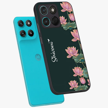 Lotus Bloom Serenity Custom Name Glass Case displayed in angled mockup highlighting graceful lotus illustration with custom name feature.