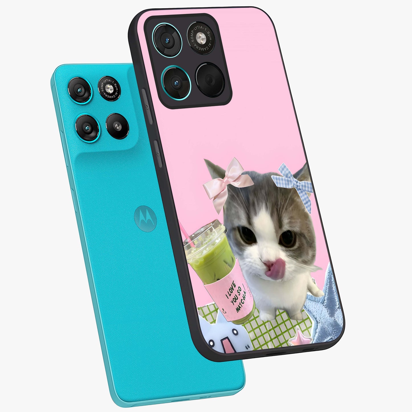 Love Matcha Cat Glass Case displayed in angled mockup highlighting playful feline illustration with cozy matcha aesthetic.