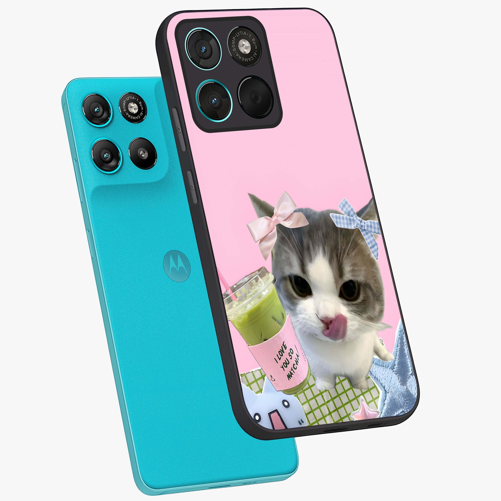 Love Matcha Cat Glass Case displayed in angled mockup highlighting playful feline illustration with cozy matcha aesthetic.