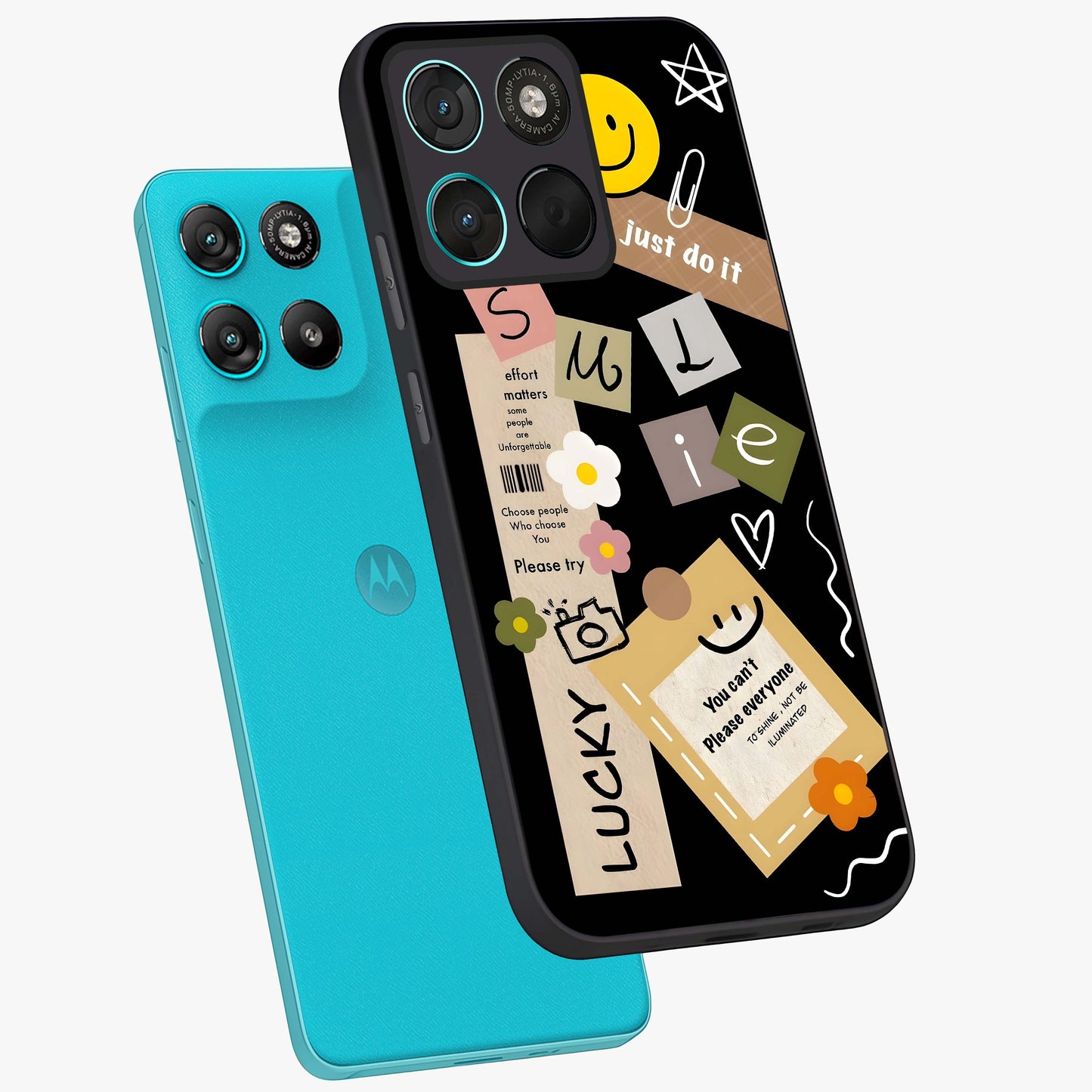 Lucky Aesthetic Collage Glass Case displayed in angled mockup highlighting stylish collage pattern with modern aesthetic vibe.