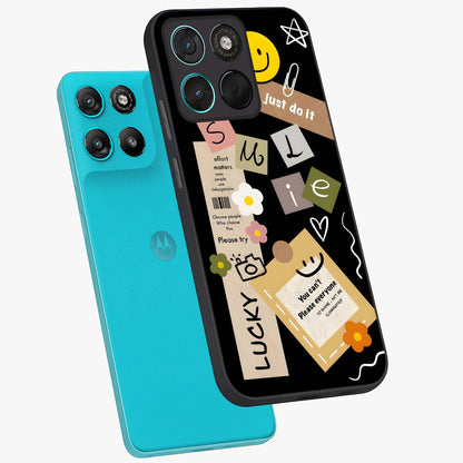 Lucky Aesthetic Collage Glass Case displayed in angled mockup highlighting stylish collage pattern with modern aesthetic vibe.