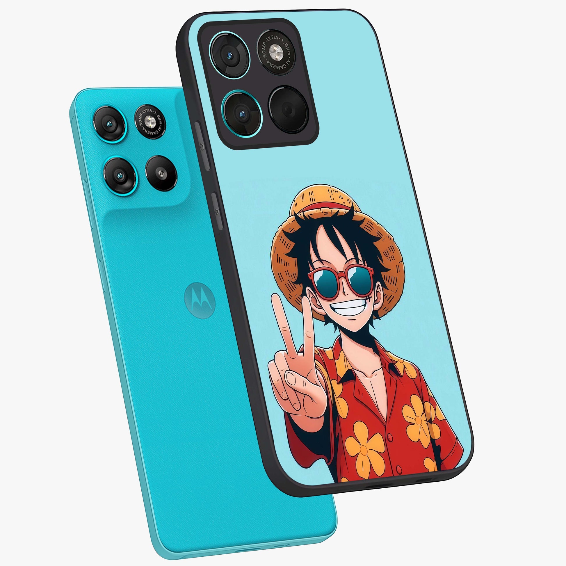 Luffy Summer Anime Vibe Glass Case displayed in angled mockup highlighting energetic anime illustration with summer vibe aesthetic.