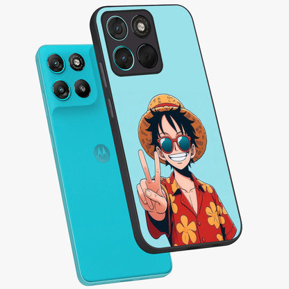 Luffy Summer Anime Vibe Glass Case displayed in angled mockup highlighting energetic anime illustration with summer vibe aesthetic.