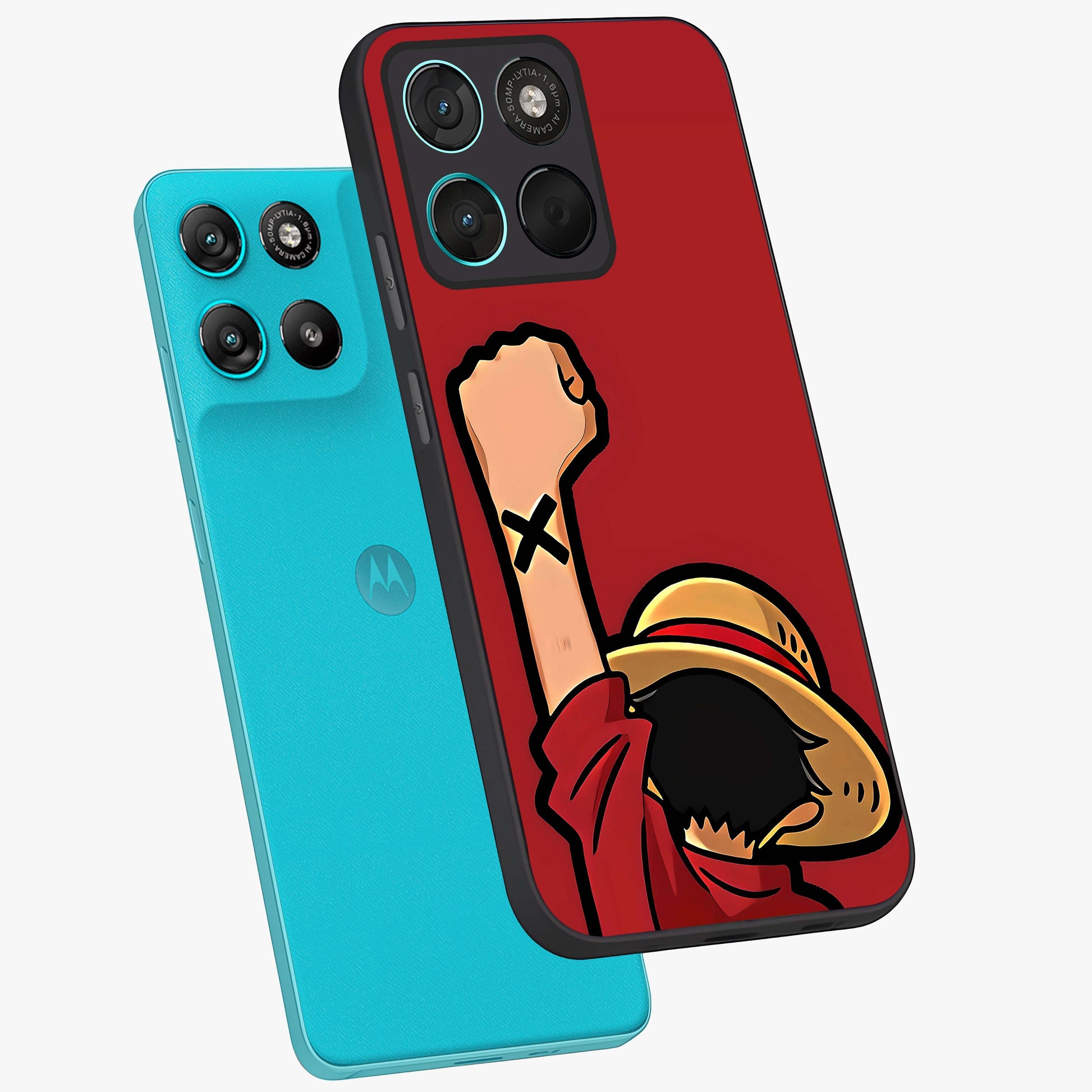 Luffy X Spirit Glass Case displayed in angled mockup highlighting powerful anime design with energetic action aesthetic.