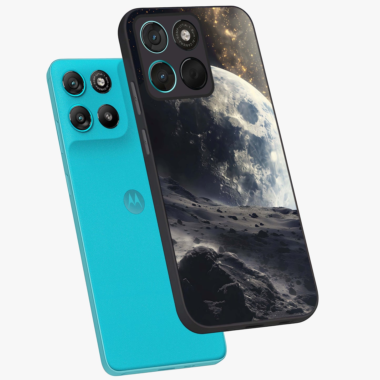 Lunar Horizon Glow Glass Case displayed in angled mockup highlighting celestial moon design with dreamy night aesthetic.