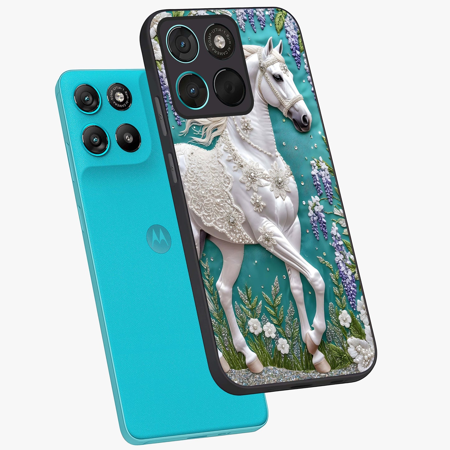 Majestic Floral Stallion Glass Case displayed in angled mockup highlighting majestic stallion illustration with elegant floral aesthetic.