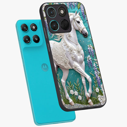 Majestic Floral Stallion Glass Case displayed in angled mockup highlighting majestic stallion illustration with elegant floral aesthetic.