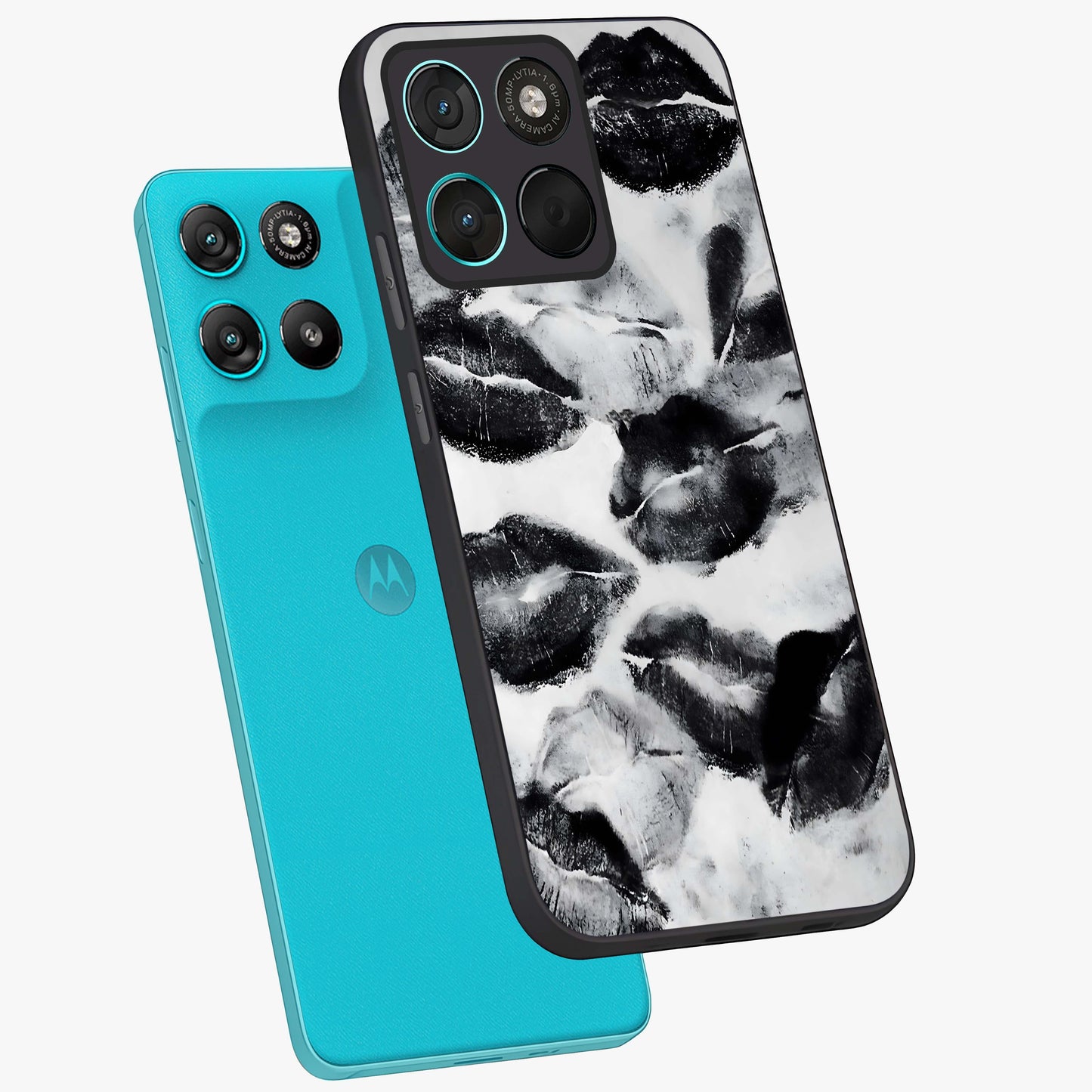 Midnight Kiss Marks Glass Case displayed in angled mockup highlighting playful romantic design with bold midnight aesthetic.
