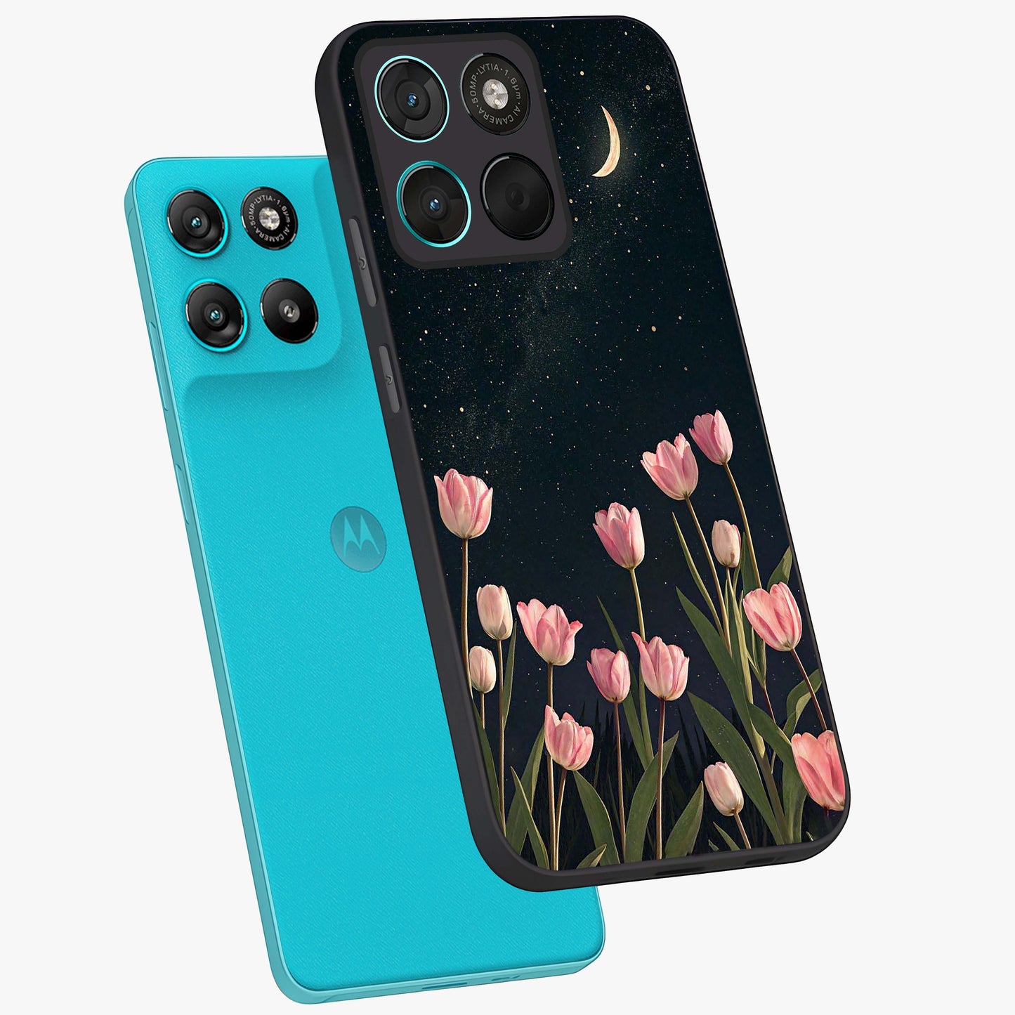Midnight Tulip Whispers Vibe Glass Case displayed in angled mockup highlighting delicate tulip design with midnight floral aesthetic.