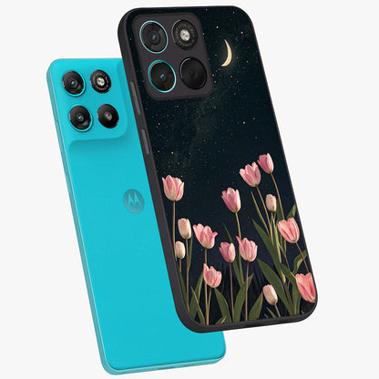 Midnight Tulip Whispers Vibe Glass Case displayed in angled mockup highlighting delicate tulip design with midnight floral aesthetic.