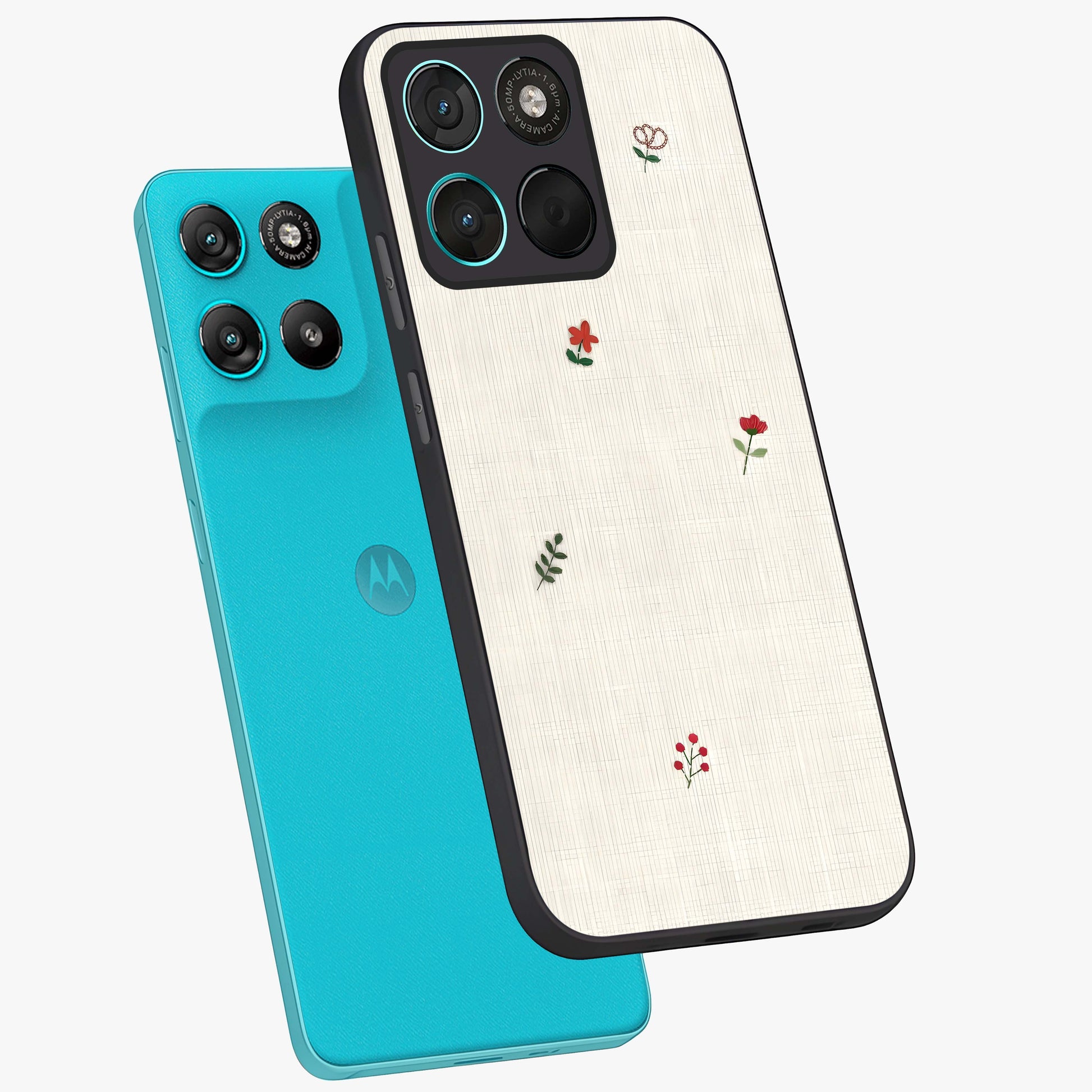 Minimalistic Blue With White Flower Pattern Glass Case displayed in angled mockup highlighting simple floral design with minimal aesthetic.