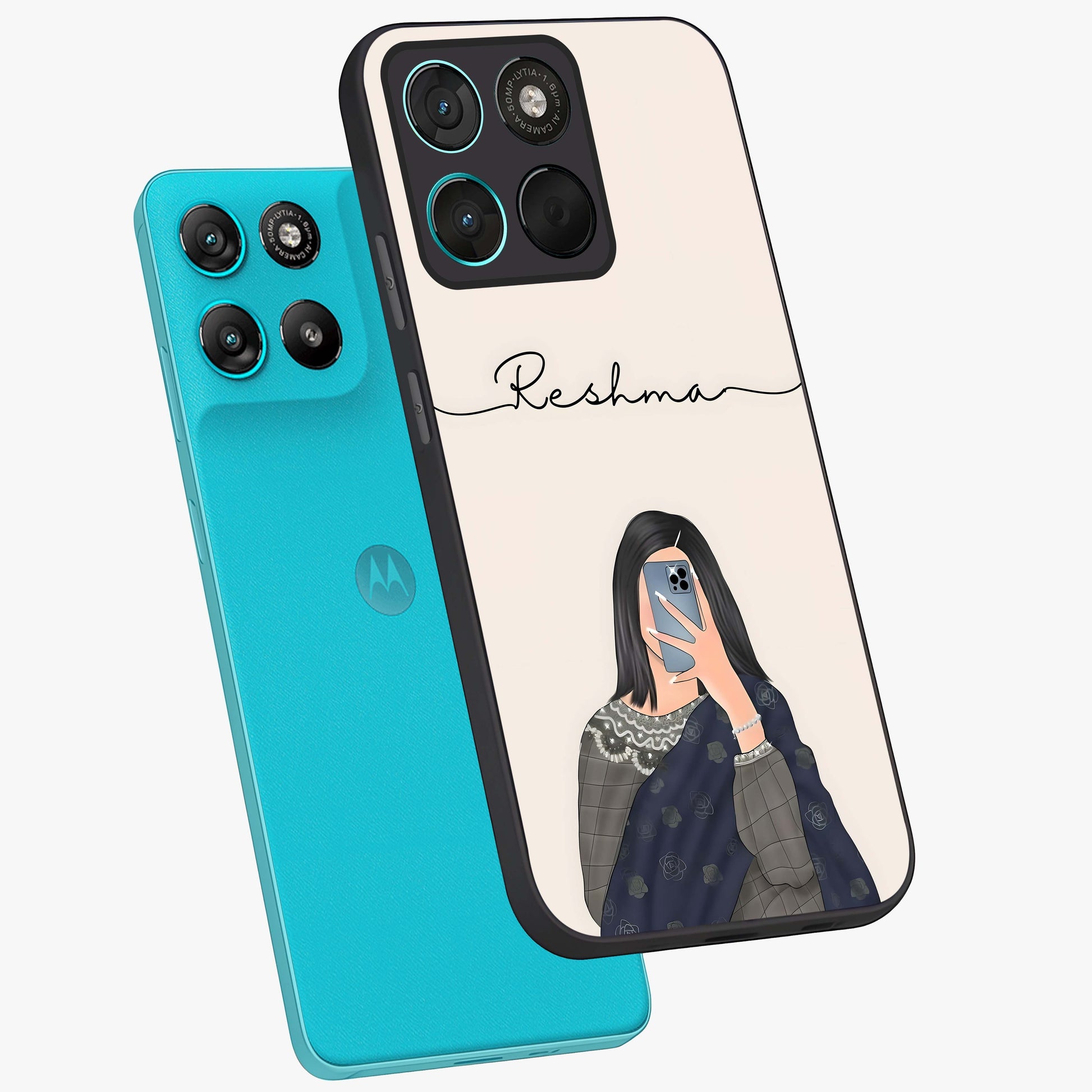Mirror Mood Muse With Custom Name Glass Case displayed in angled mockup highlighting aesthetic mirror inspired design with custom name feature.