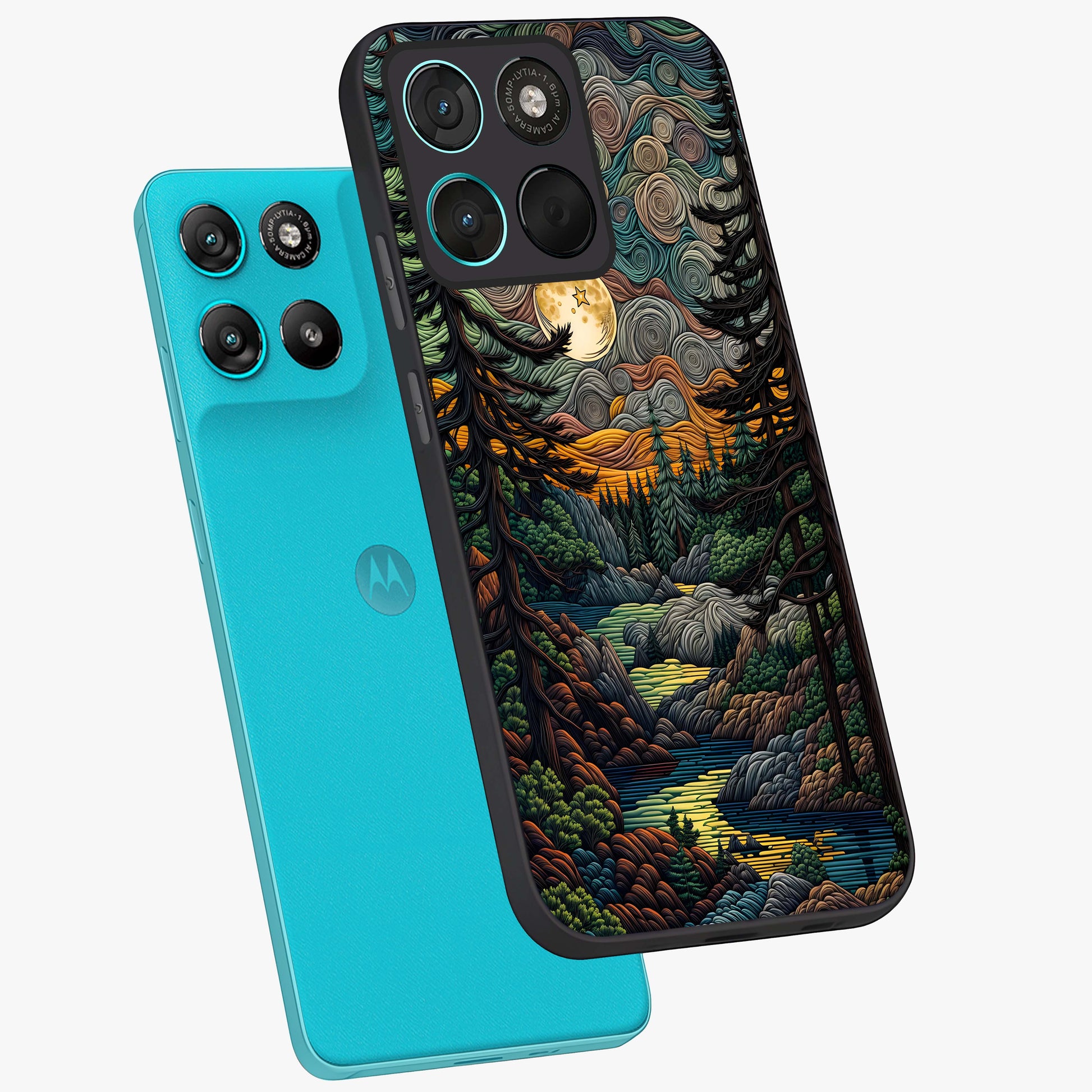Moonlight Forest Dream Glass Case displayed in angled mockup highlighting dreamy forest design with glowing moon aesthetic.
