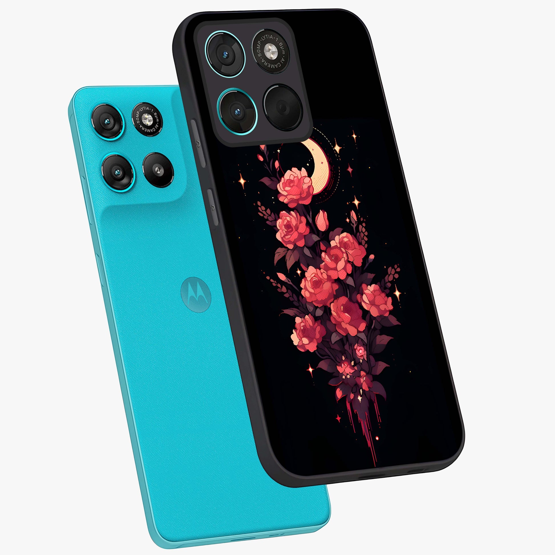 Moonlit Floral Elegance Glass Case displayed in angled mockup highlighting graceful flower design with soft moonlight aesthetic.