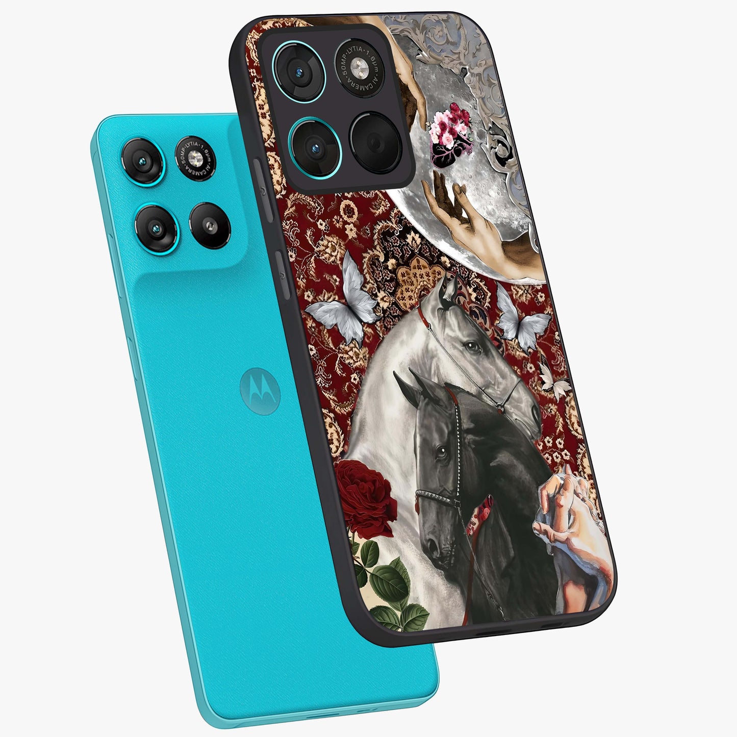 Moonlit Royal Stallion Glass Case displayed in angled mockup highlighting powerful stallion illustration with royal night aesthetic.